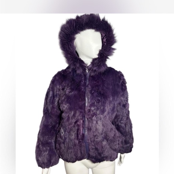 Gorgeous Purple Authentic Rabbit Fur Bomber Jacket Zip Up Coat w Hood Med - Picture 1 of 3